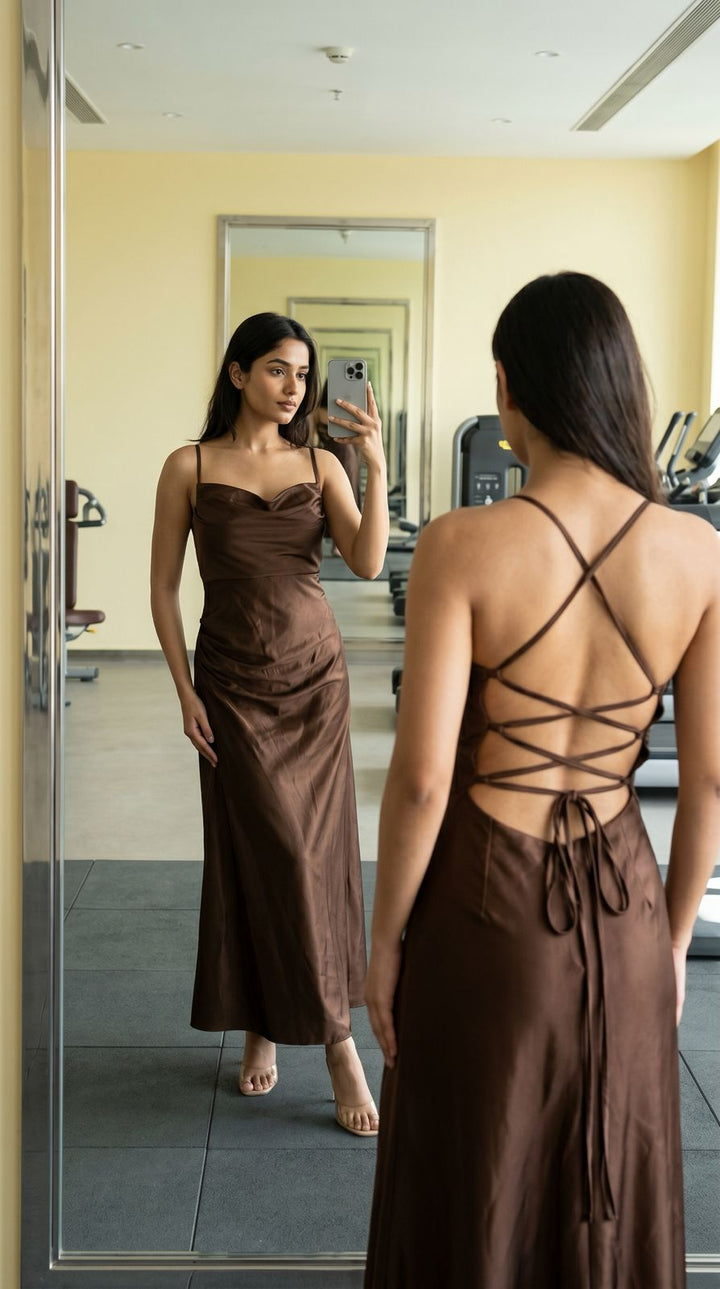 Satin Backless Maxi Dress – Elegant Brown Evening Gown