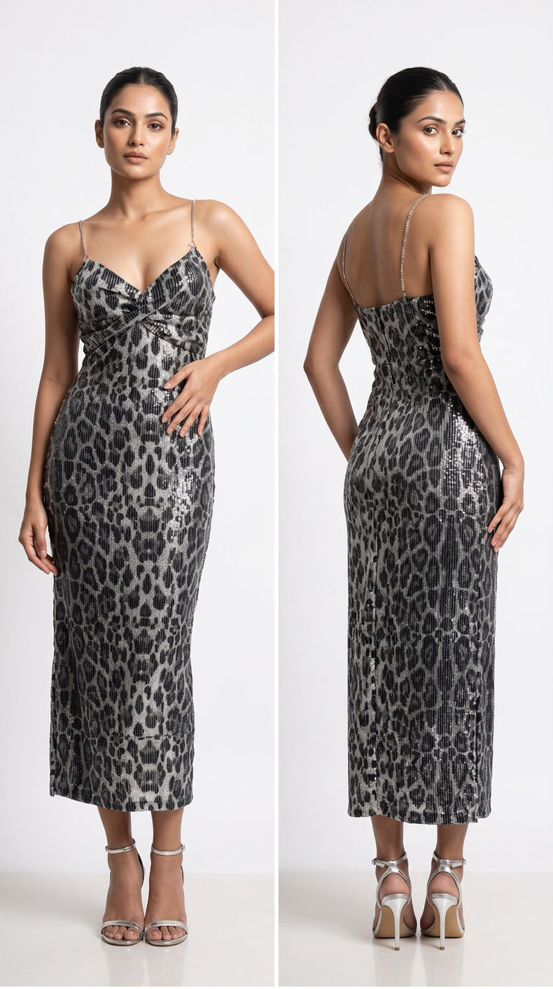Sequin Animal Print Midi Dress – Glam Evening Party Dress