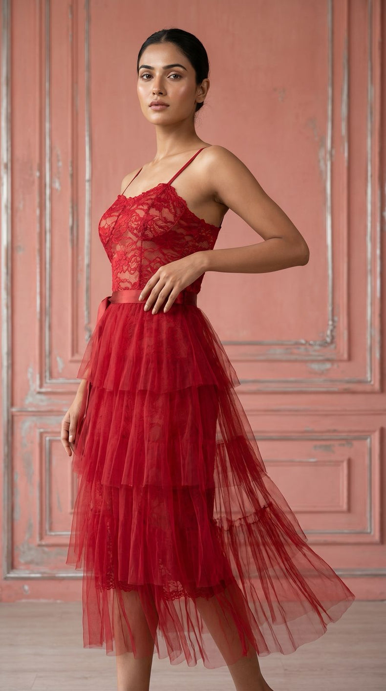 Lace Bodice Mesh Overlay Midi Dress