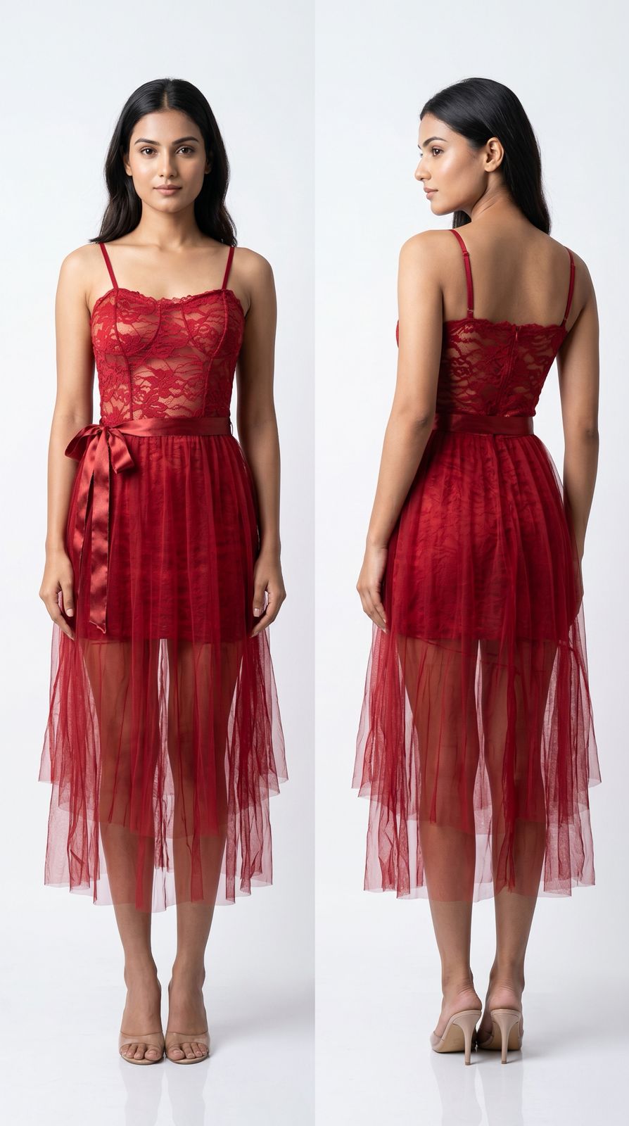 Lace Bodice Mesh Overlay Midi Dress