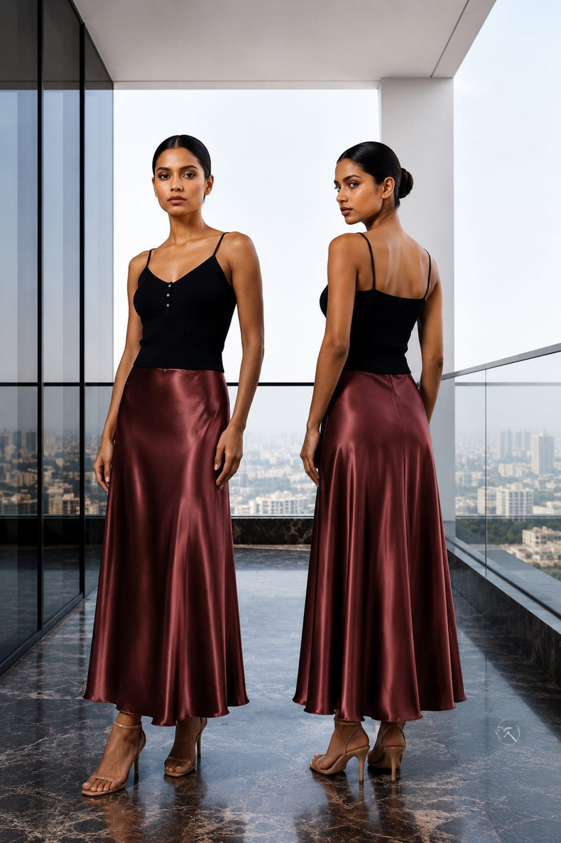 Maroon Satin Maxi Skirt
