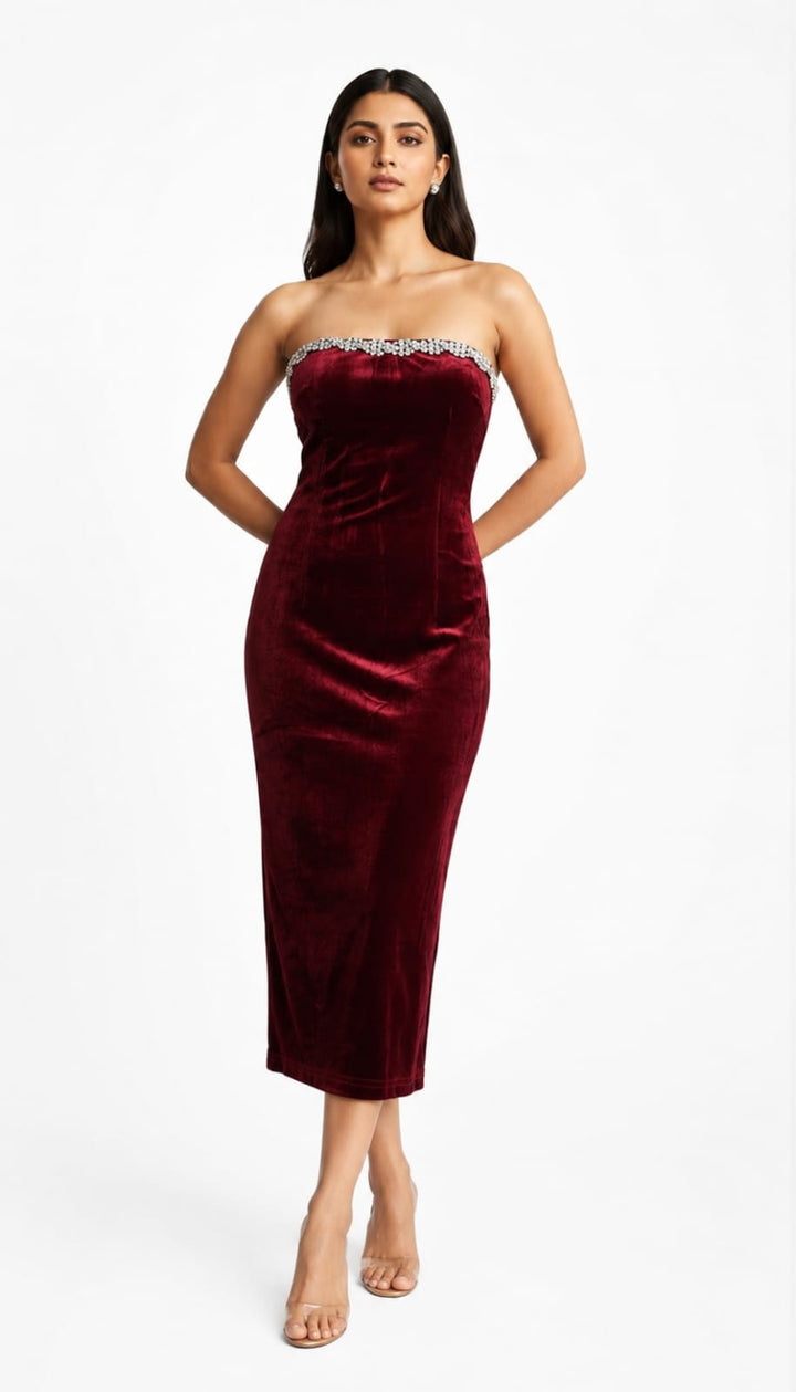 Wine Glam Tube Midi Dress