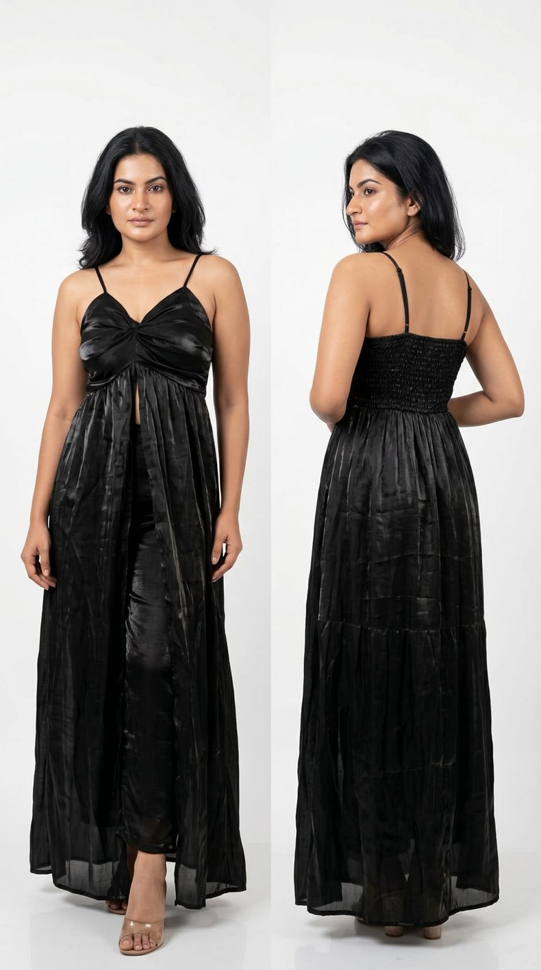 Midnight Black Satin Slit Coord set
