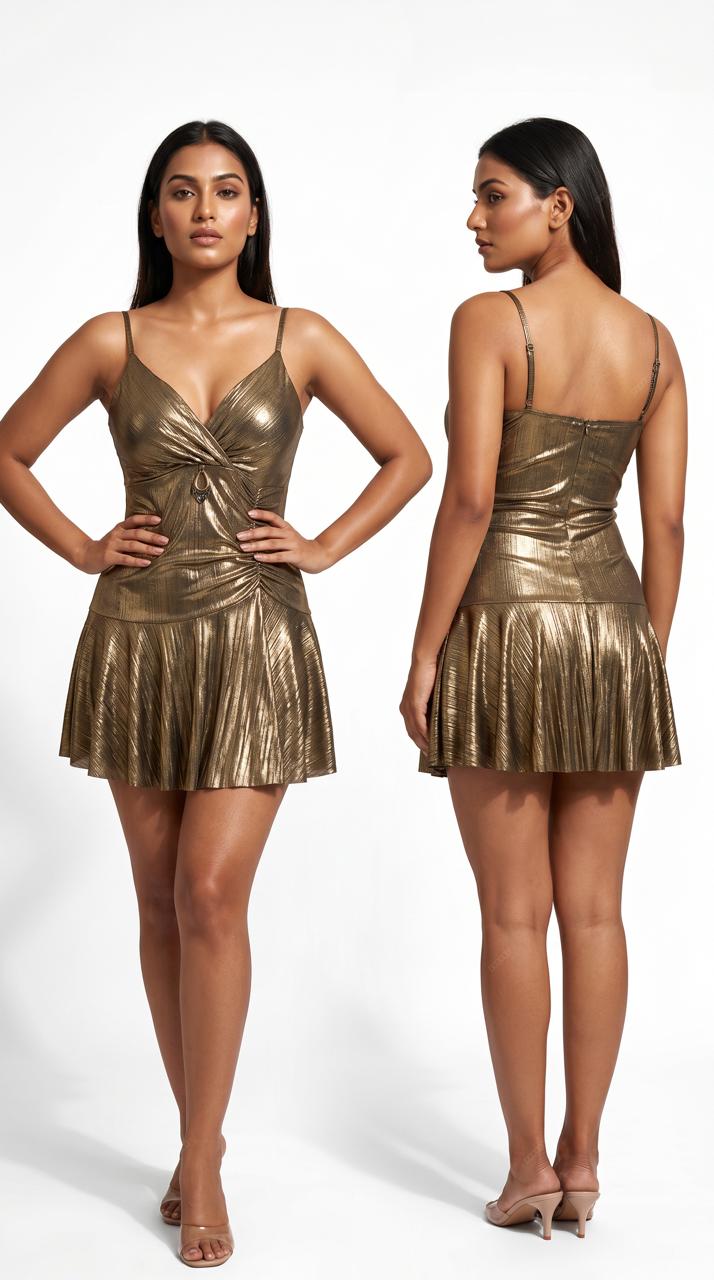 Golden Gleam Pleated Mini Dress