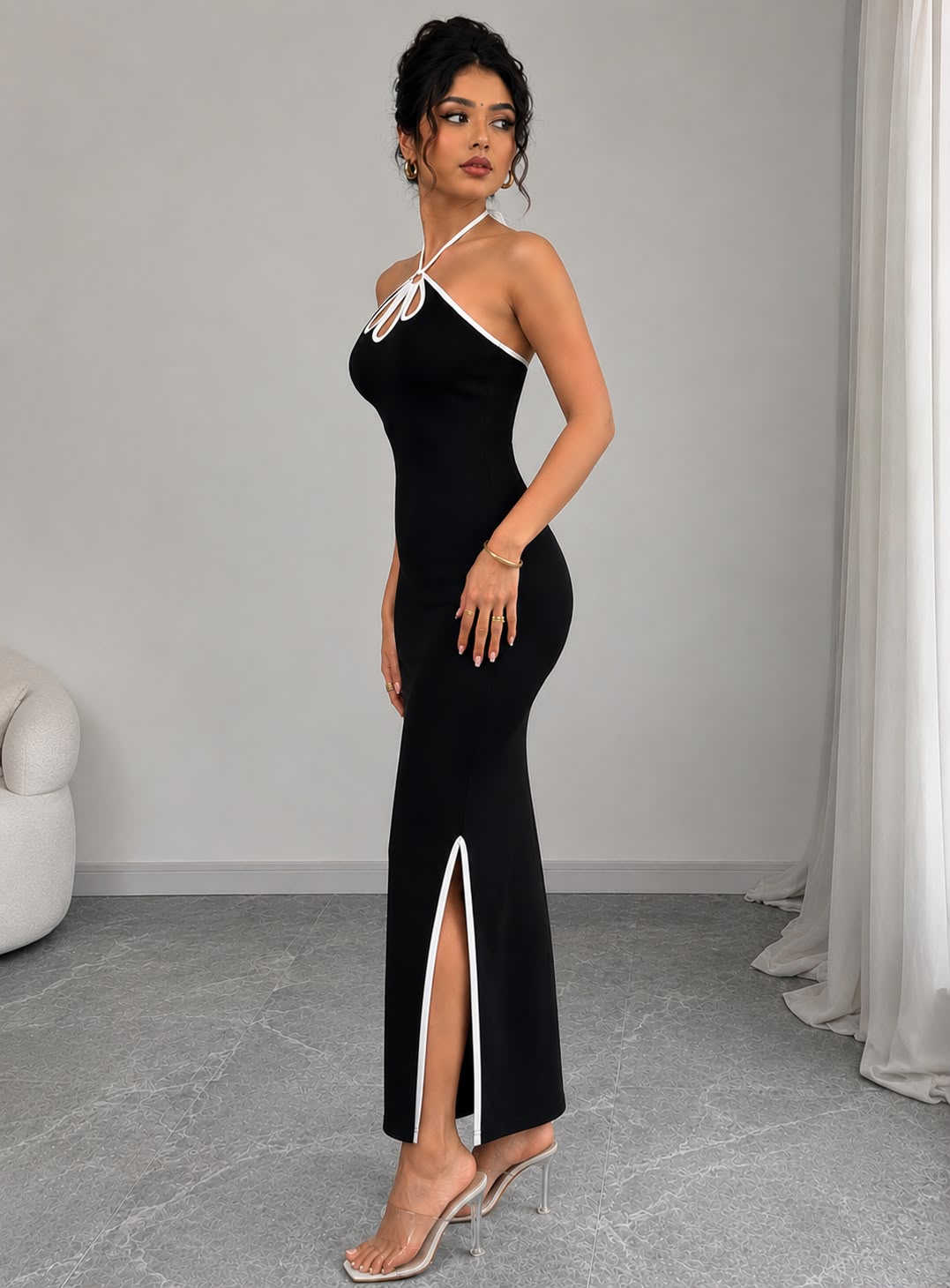 Black Midnight Lace Halter Midi Dress