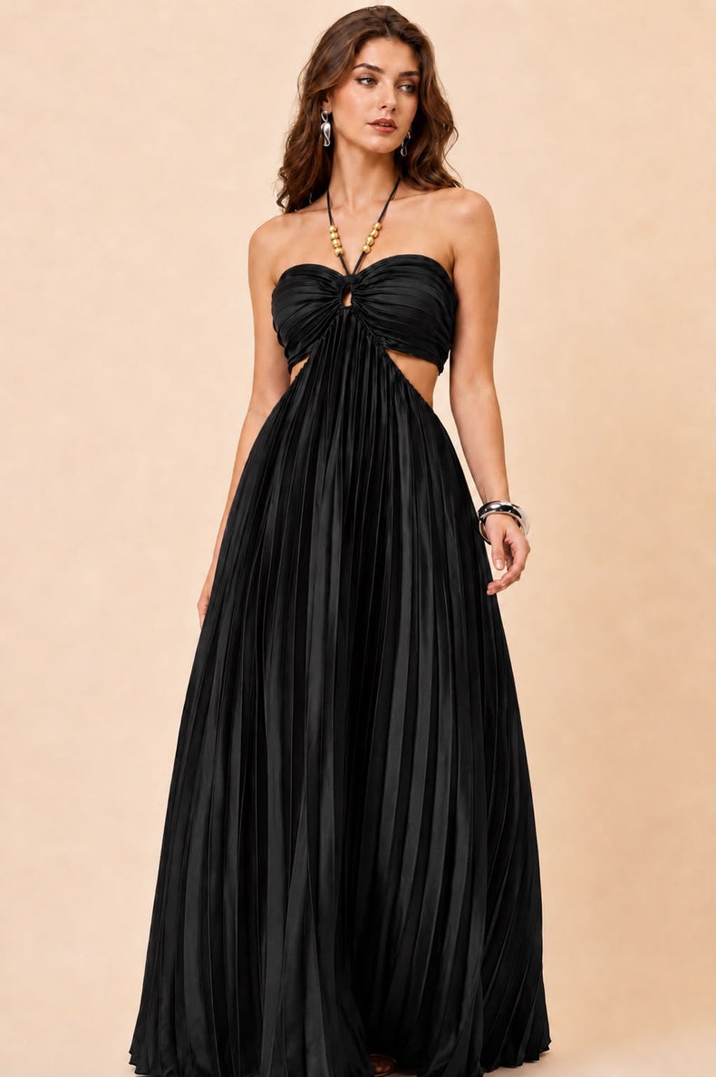Midnight Black Muse Pleated Cut-Out Maxi Dress