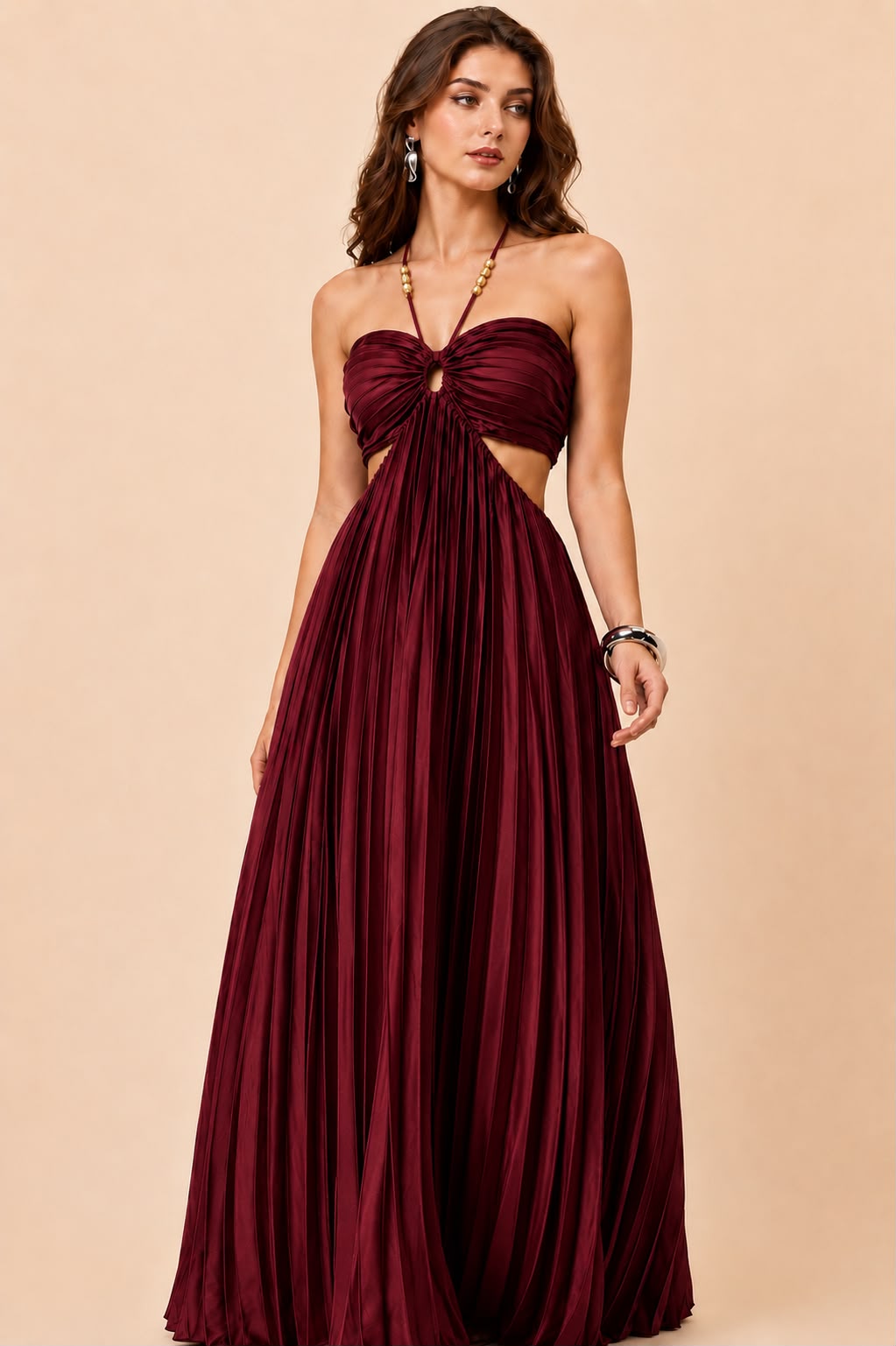 Maroon Bliss Pleated Cut-Out Maxi Dress