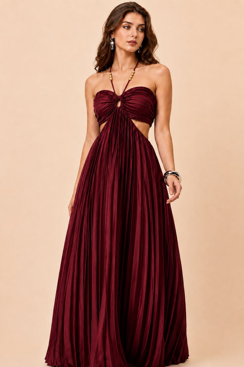 Maroon Bliss Pleated Cut-Out Maxi Dress