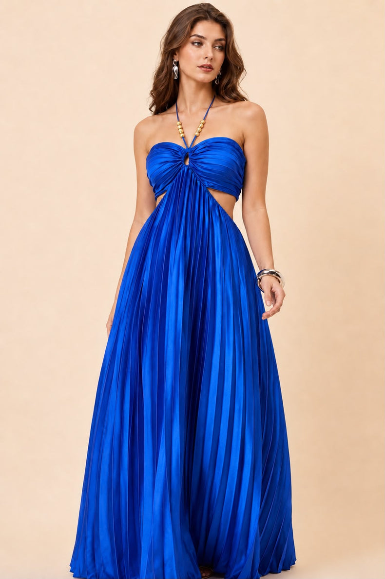 Azure Allure Pleated Cut-Out Maxi Dress