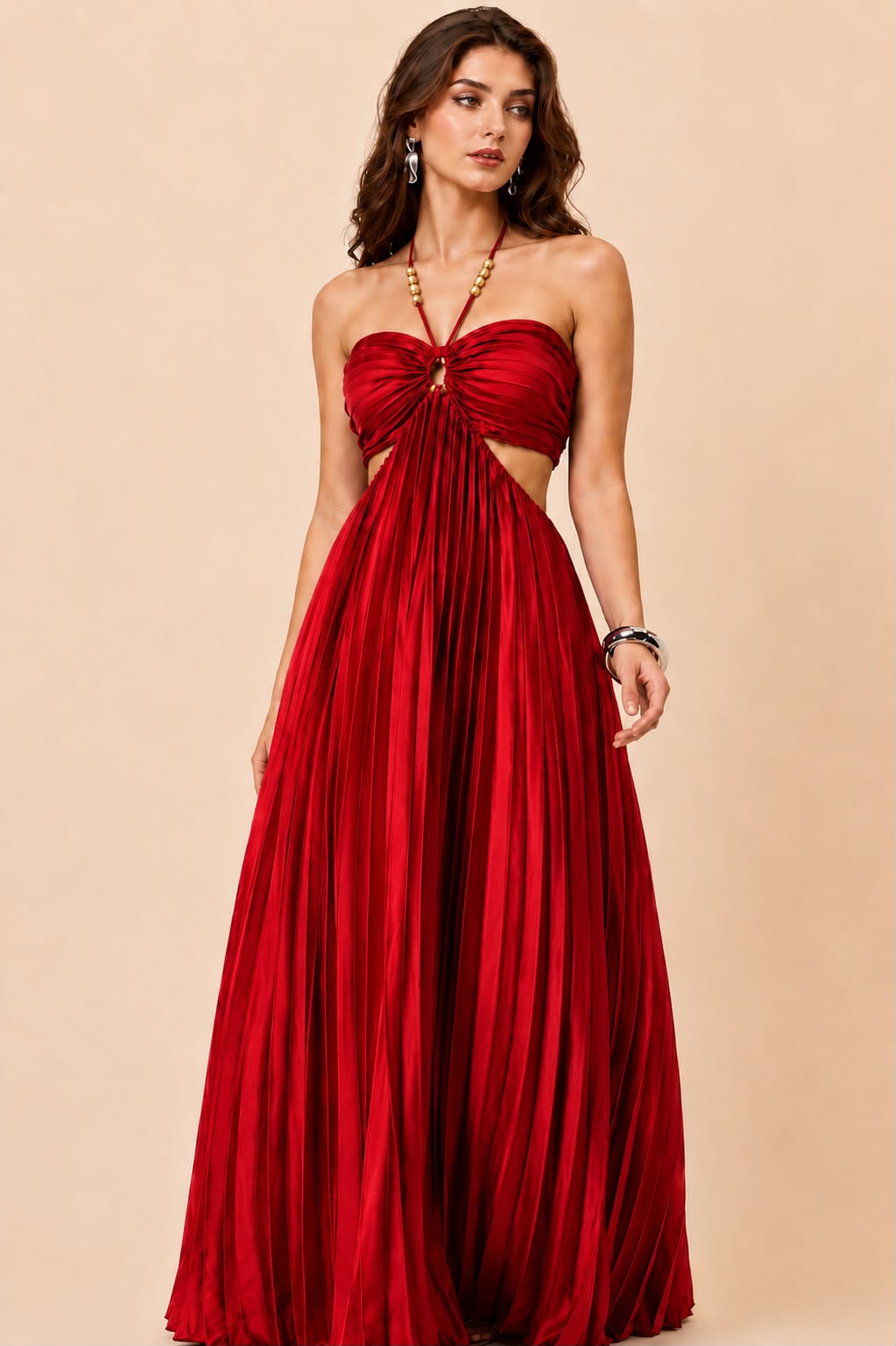 Crimson Elegance Pleated Cut-Out Maxi Dress