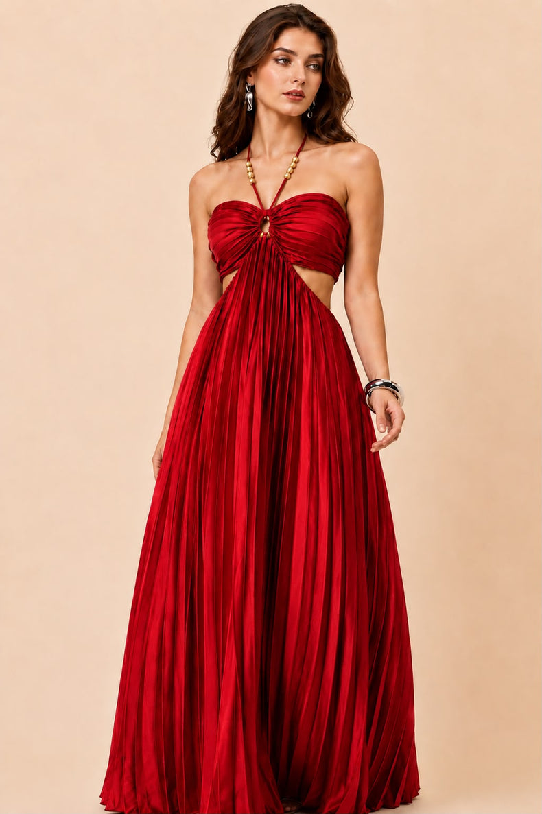 Crimson Elegance Pleated Cut-Out Maxi Dress