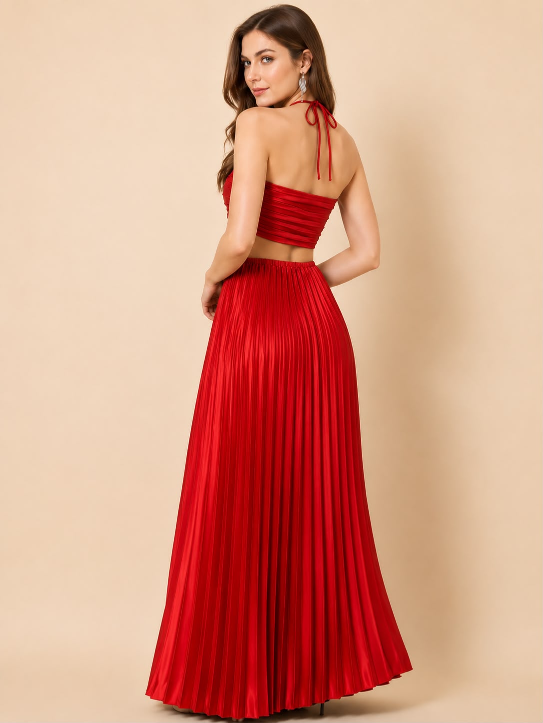 Crimson Elegance Pleated Cut-Out Maxi Dress
