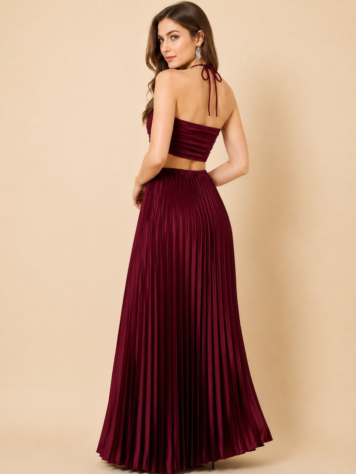 Maroon Bliss Pleated Cut-Out Maxi Dress