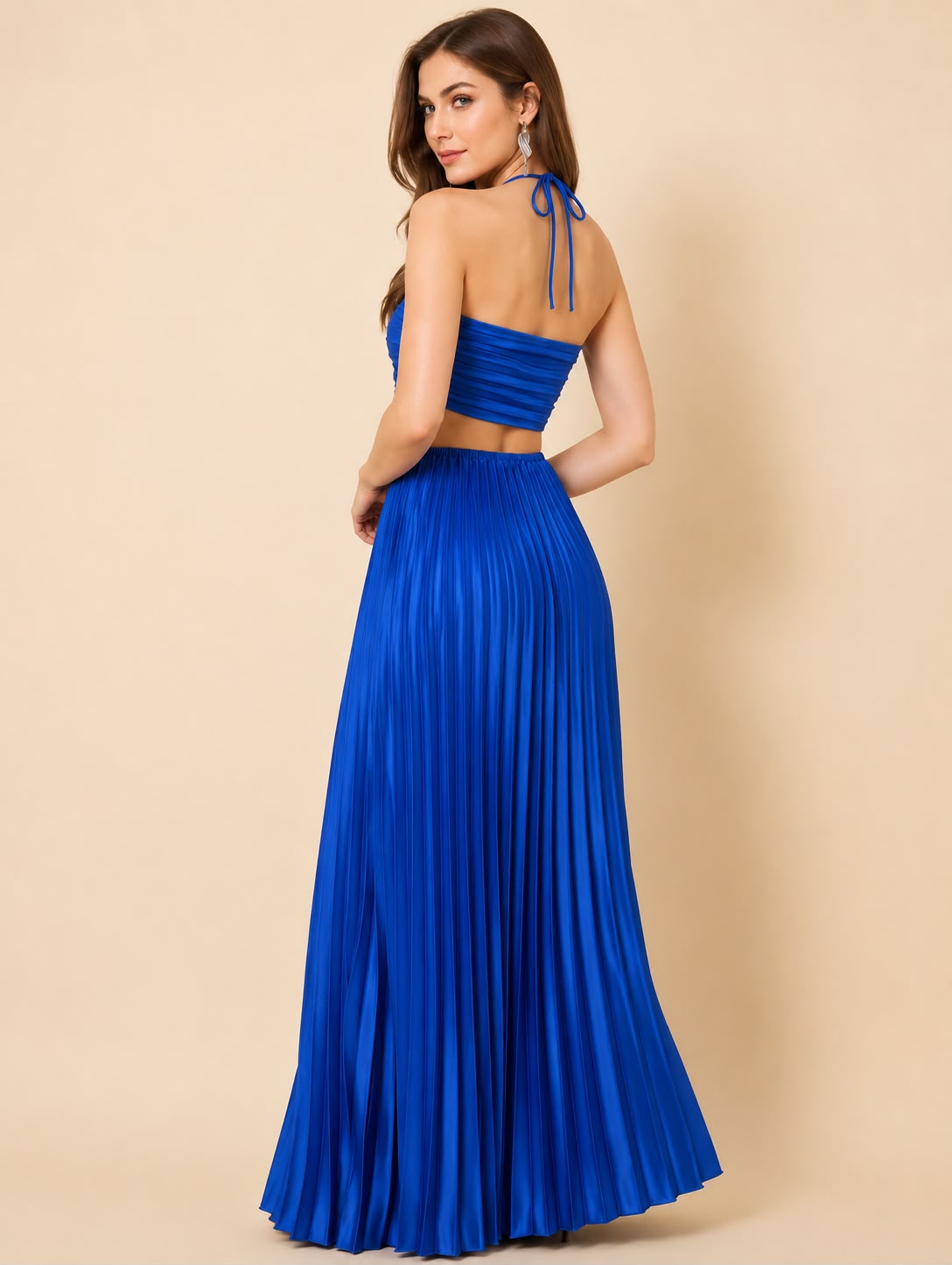 Azure Allure Pleated Cut-Out Maxi Dress