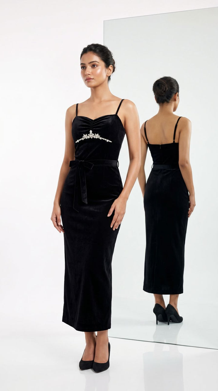 Black Velvet Embellished Maxi Dress with belt
