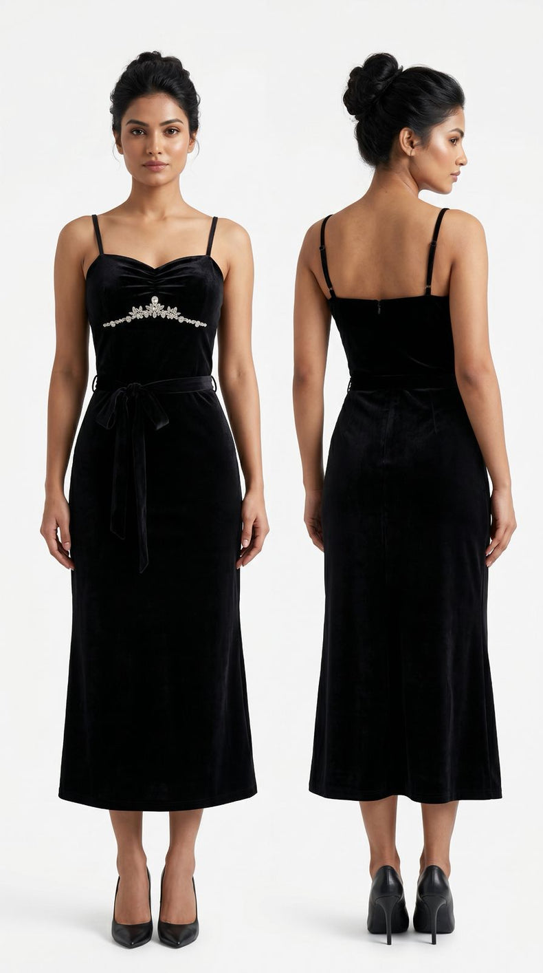 Black Velvet Embellished Maxi Dress with belt