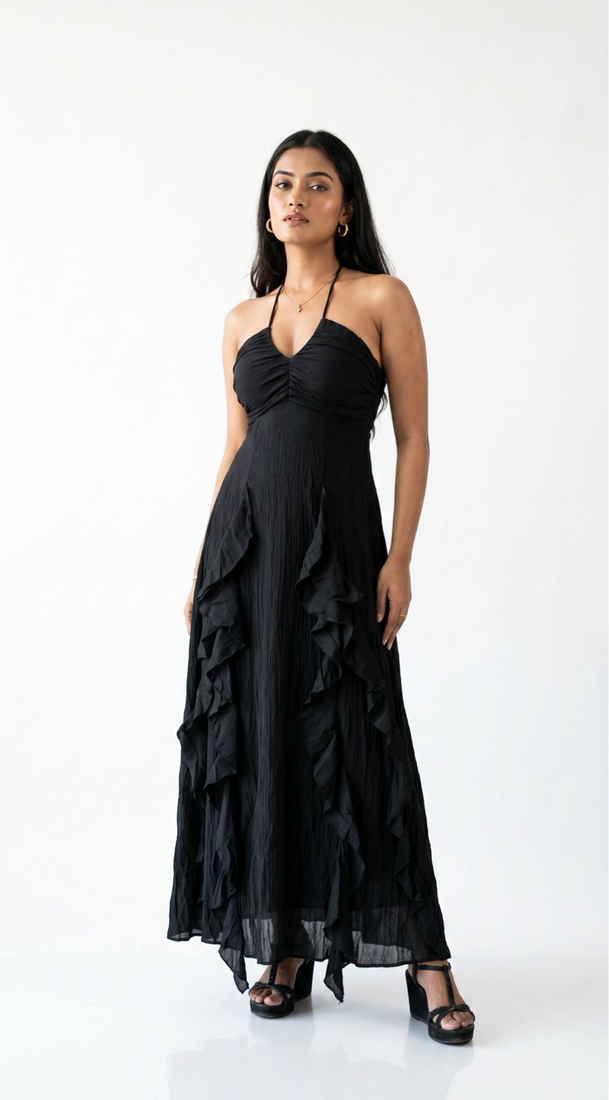 Ruffle Detail Halter Neck Maxi Dress