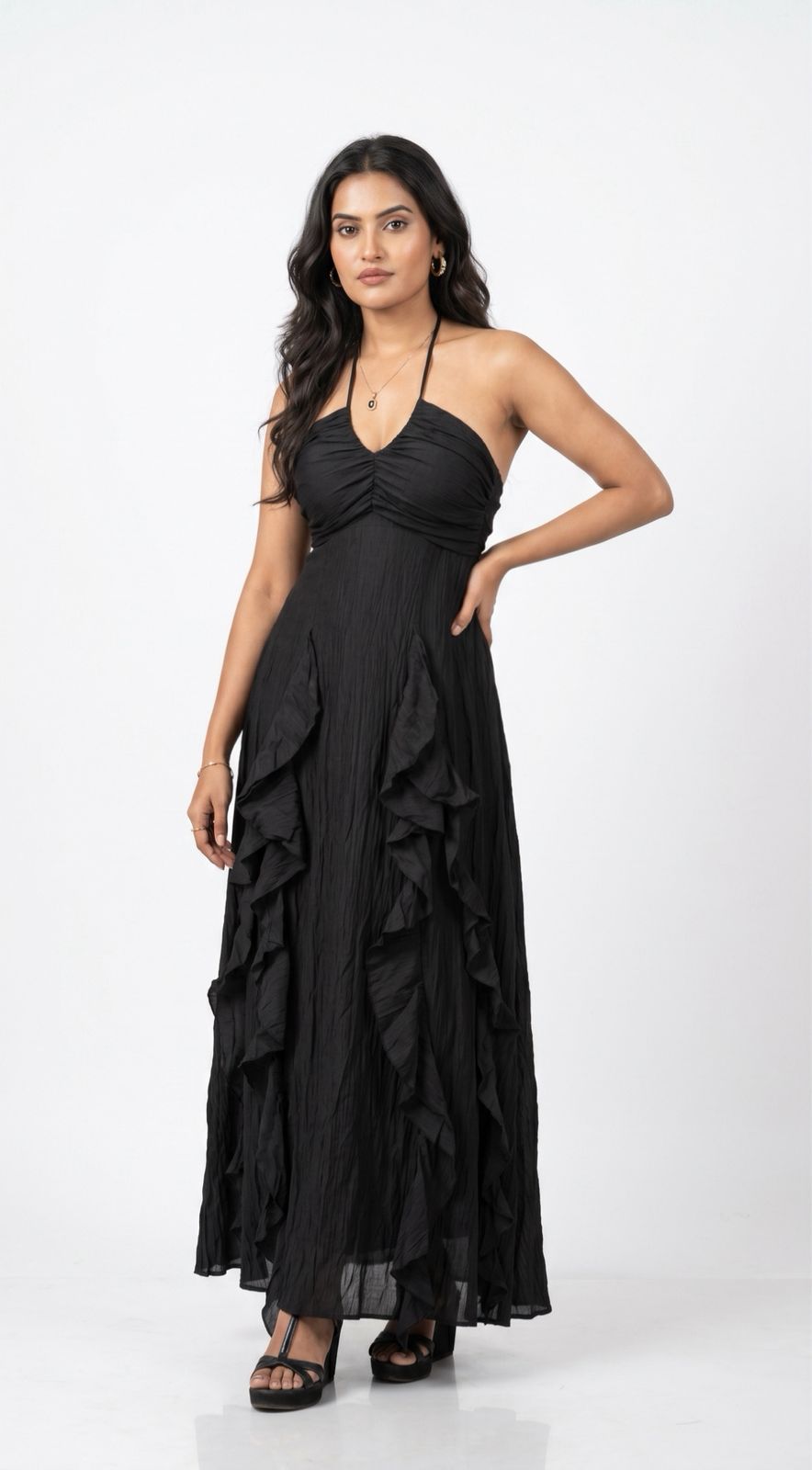 Ruffle Detail Halter Neck Maxi Dress