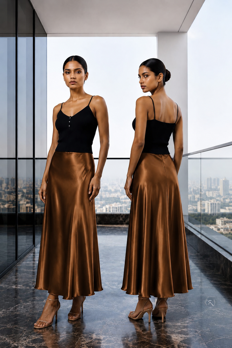 Metallic Brown Satin Maxi Skirt