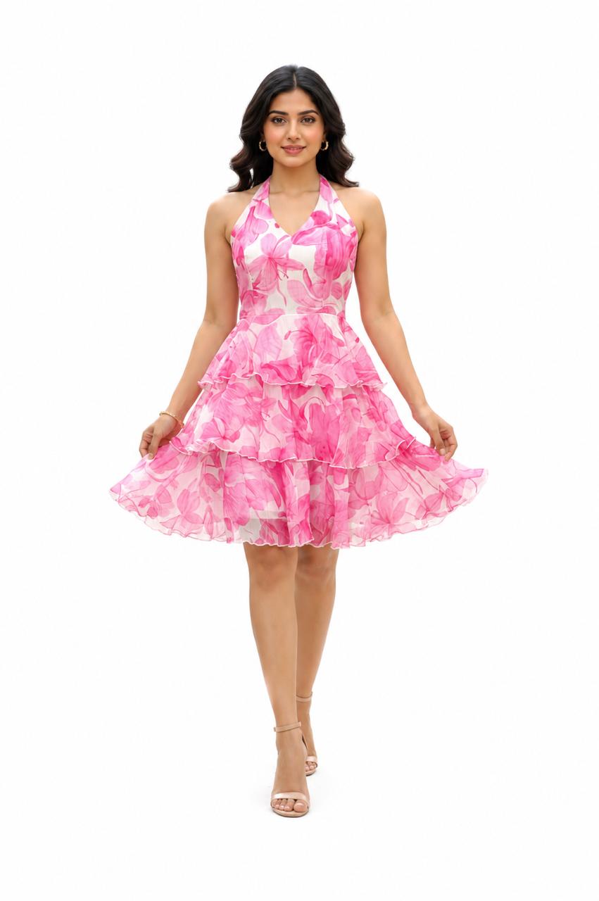 Blush Bloom Pink Halter Neck Floral Tiered Dress